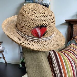 NEW Vintage Woven Fedora w/Fabric Band & Feather Accent